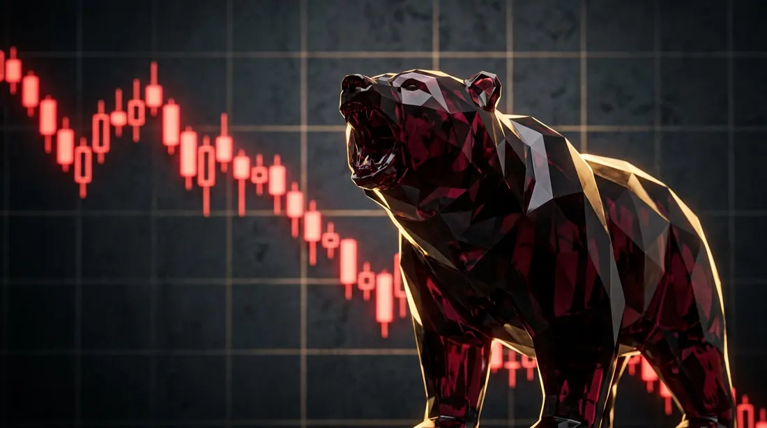 Crimson crystal bear in front of a falling chart
