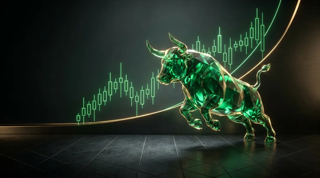 Emerald crystal bull charging in front of a rising chart