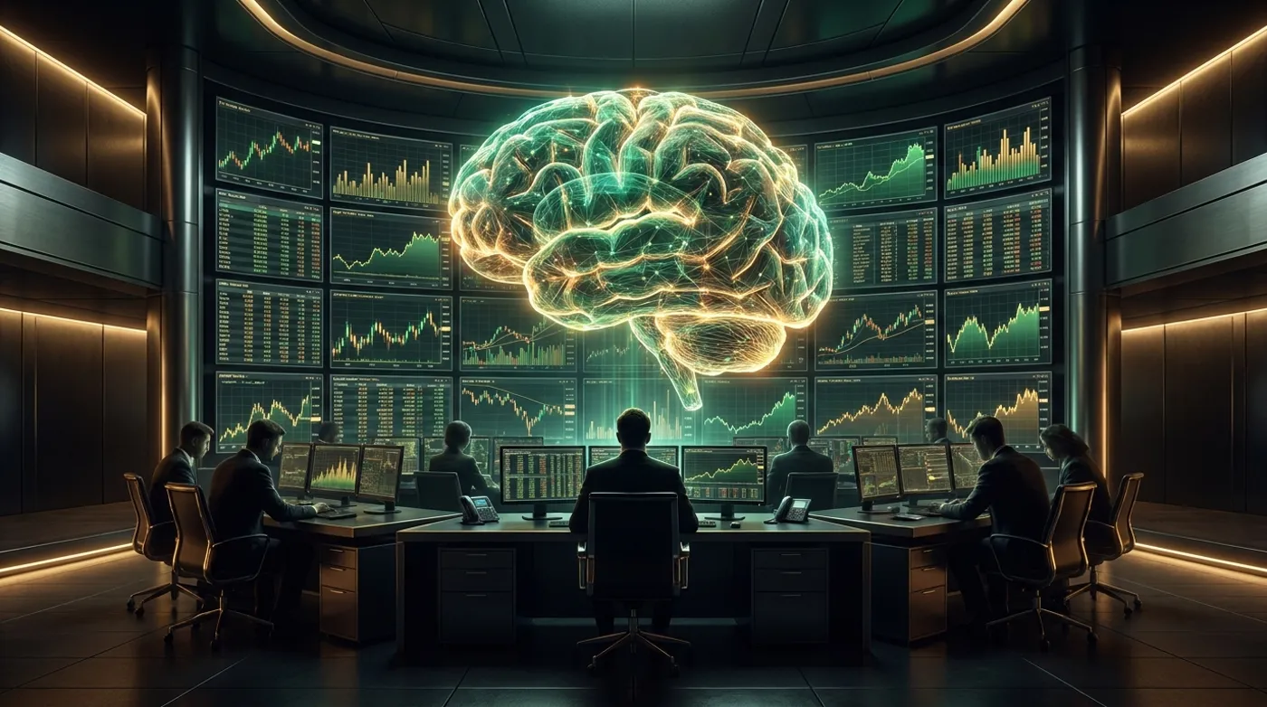 HedgeMate intelligence war room — analysts and a central AI brain against a wall of market data